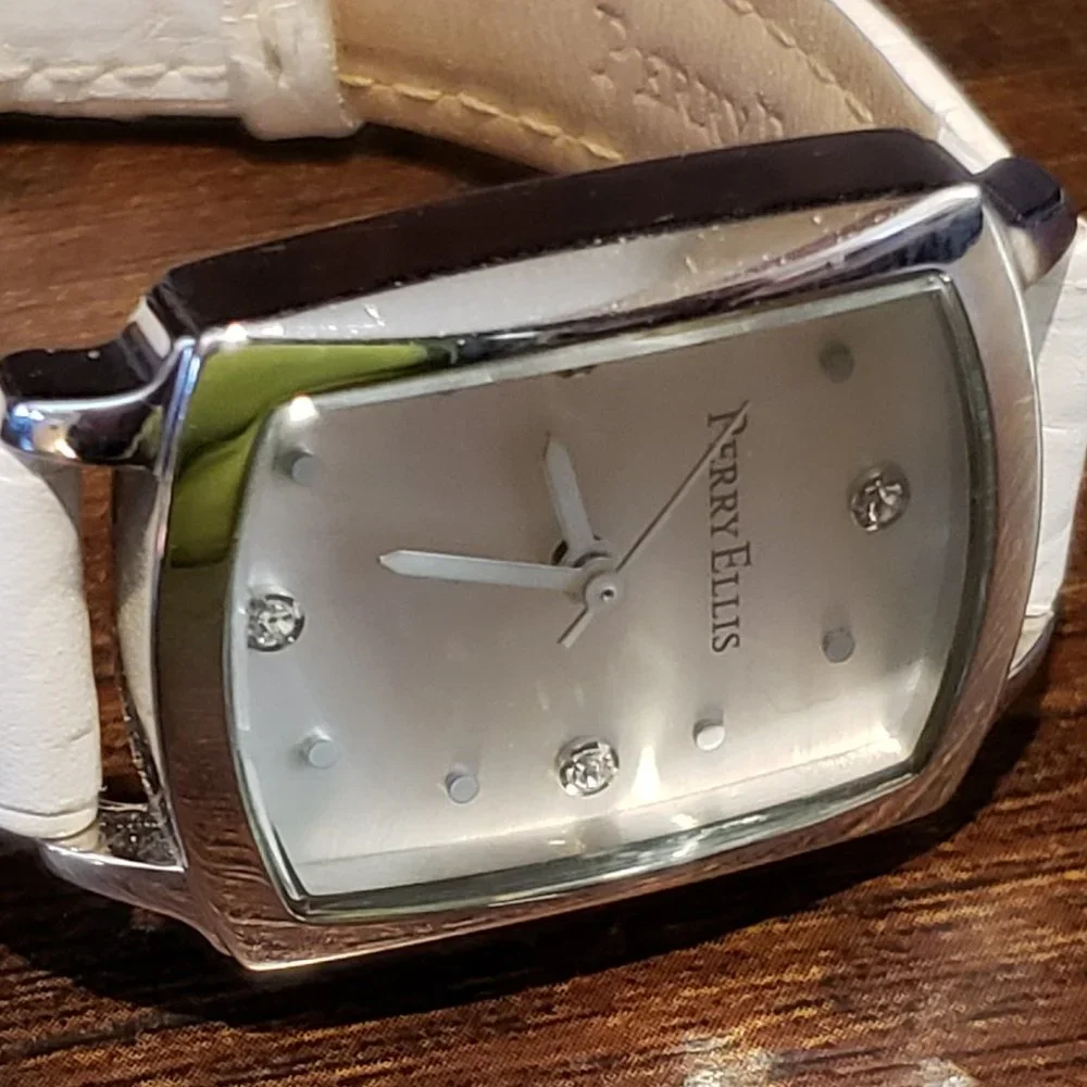 Perry Ellis White Leather Band Silver Rectangle Face Diamond Accent Wrist Watch